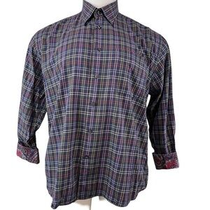 Alan Flusser Shirt Mens Large Purple Plaid Casual Preppy Flip Cuff (696)